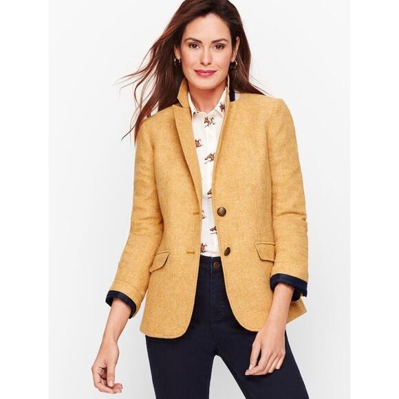 Talbots Shetland Wool Blazer 12P Mustard Yellow Herringbone Equestrian Jacket - Picture 2 of 16